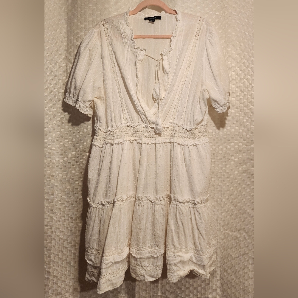White Lace And Ruffle Embroidered Dress Tie Front Tassels Coastal Cowgirl